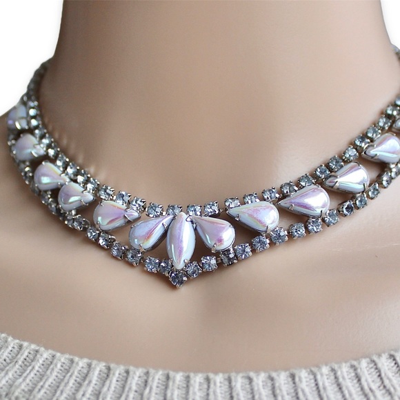 Vintage Iridescent Lucite Blue Rhinestone Collar Necklace Aurora Borealis 1950s - Picture 2 of 6